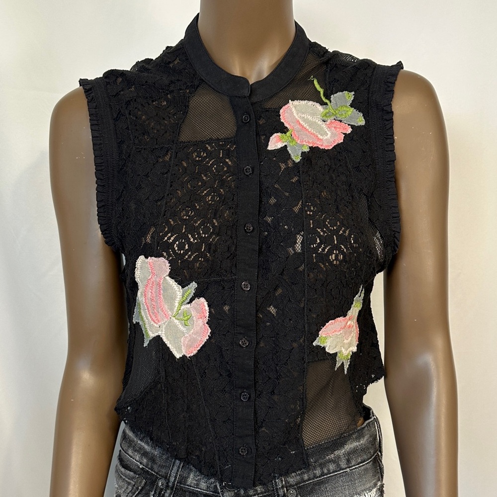 Free People Black Lace Sleeveless Top with Floral Embroidery